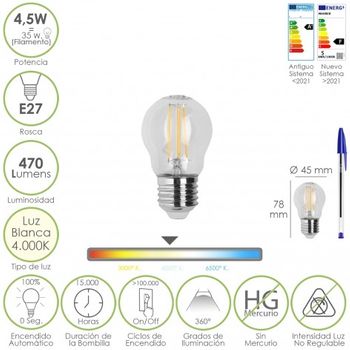 Bombilla Led Filamento Esfera Rosca E27. 4,5 Watt. Equivale A 35 Watt. 470 Lumenes. Luz Neutra 4000º K.