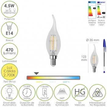 Bombilla Led Filamento Vela Llama E14. 4,5 Watt. Equivale A 35 Watt. 470 Lumenes. Luz Calida 2700º K.