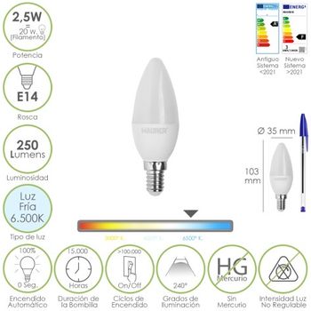 Bombilla Led Vela E14. 2,5 Watt. Equivale A 20 Watt. 250 Lumenes. Luz Fria 6500âº K.