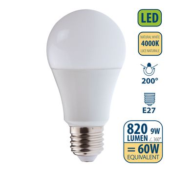 Bombilla Led Smd, Estándar A60, 9w / 820lm, Casquillo E27, 4000k