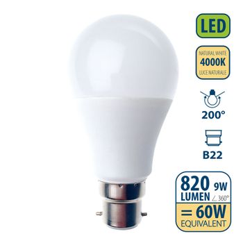 Bombilla Led Smd, Estándar A60, 9w / 820lm, Base B22 (francia), 4000k