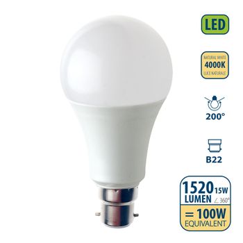 Bombilla Led Smd, Estándar A60, 15w / 1520lm, Base B22 (francia), 4000k