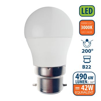 Bombilla Led Smd, Esfera P45, 6w/490lm, Casquillo B22 (francia), 3000k