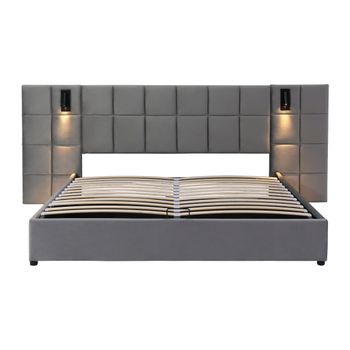 Cama Con Arcón Tapizada En Terciopelo - 140x200cm - Con Led Y Puerto Usb - Gris(mesita De Noche No Incluida) (armazón De Cama Con Almacenaje)