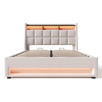 Cama Con Arcón 160x200cm Con Led Y Puertos Usb - Somier - Beige (arcón Con Almacenaje)