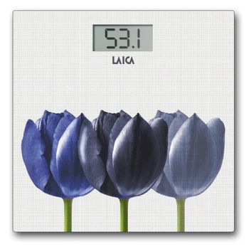 Báscula Electrónica De Vidrio Templado Laica Blanca Con Flores Azules