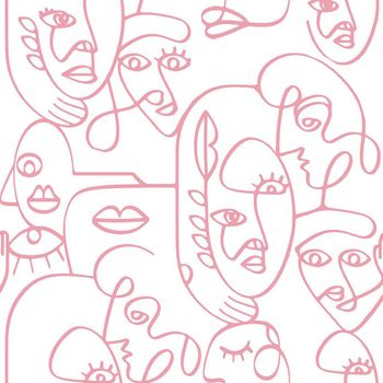 Papel Pintado Friends&coffee Line Art Faces Blanco Y Rosa Noordwand