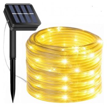 Tira De Luces Led Solares Impermeables Con Manguera De Luz Y Panel Solar Waterproof (12 Metros - 100 Led, Blanco Calido)