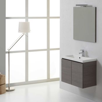 Mueble De Baño Suspendido De 60 Cm Con 2 Puertas En Gris, Lavabo De Resina, Espejo Con Lámpara | Manhattan