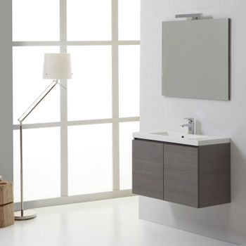 Mueble De Baño Suspendido De 80 Cm En Gris Con Lavabo Y Espejo 80x70 | Manhattan