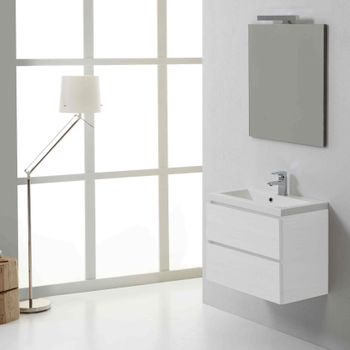 Mueble De Baño Suspendido De 60 Cm Con 2 Cajones En Blanco, Lavabo De Resina Y Espejo De 60x70 | Manhattan