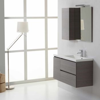 Mueble De Baño Suspendido 90 Cm Gris Con Puertas Y Cajones Espejo Con Mueble Colgante | Manhattan