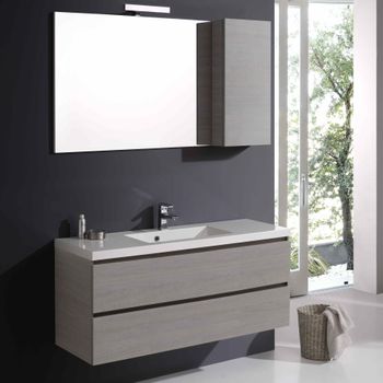 Mueble De Baño 120 Cm 2 Cajones Gris, Lavabo De Resina, Espejo Con Armario | Manhattan