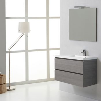 Mueble De Baño Suspendido 90cm Gris, 2 Cajones, Lavabo Con Cuenco Descentrado A La Derecha | Manhattan