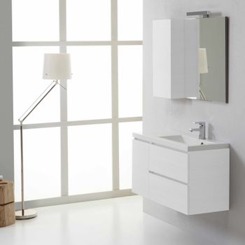 Mueble De Baño Suspendido 90cm 1 Puerta, 2 Cajones Blanco Foresta, Lavabo Derecho, Espejo Con Armario Izquierdo | Manhattan