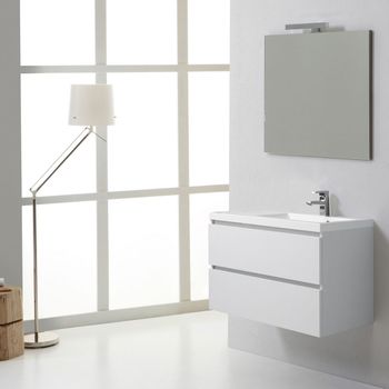 Mueble De Baño Suspendido 90cm 2 Cajones Blanco Foresta, Lavabo A La Derecha, Espejo 90x70 | Manhattan