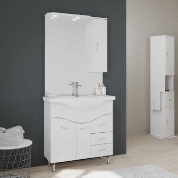 Mueble De Baño De 85 Cm En El Suelo Con Lavabo, Espejo Y Armario Colgante En Color Blanco.