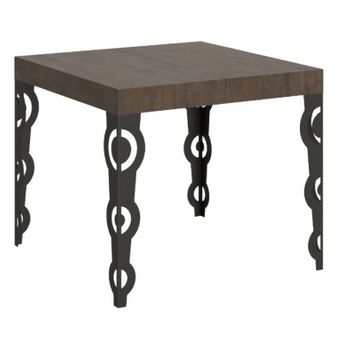 Mesa Oriental Cuadrada Extensible Para 4 A 12 Personas L 90 A 246 Cm Madera Oscura Y Patas De Metal Antracita Kazay