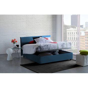 Talamo Italia Cama Doble Con Contenedor Anna, Made In Italy, Cama Con Revestimiento De Tela, Apertura Frontal, Apta Para Colchón 160x190 Cm, Azul