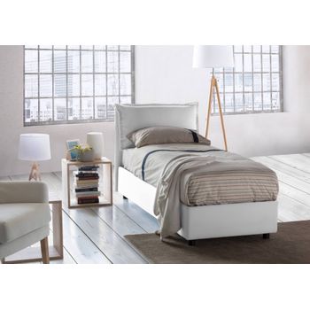 Talamo Italia Cama Individual Con Contenedor Veronica, Made In Italy, Cabecero Y Funda De Tela, Apertura Frontal, Apta Para Colchón 80x190 Cm, Blanco