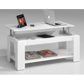 Mesa De Centro Con Tapa Elevable Y Espacio De Almacenamiento Y Balda Inferior, Color Blanco Mate, Medidas 102 X 43 X 50 Cm (la Altura Se Puede Elevar De 43 A 54 Cm)