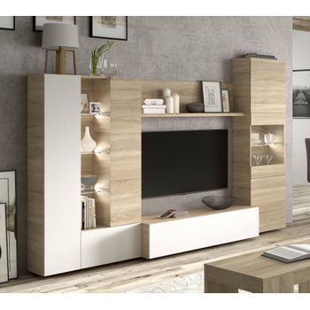 Mueble De Salón Modular Compuesto Por Un Módulo De Mueble Tv Bajo De Una Puerta, Dos Vitrinas De Tres Puertas Y Luces Led Con Balda Central, Color Roble Con Inserciones En Blanco Brillo, 260 X185 X 42 Cm.