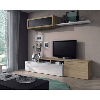 Mueble Para Tv De Salón, Juego De Salón Reversible (se Puede Colocar En Una Esquina), Con Dos Puertas, Mueble Y Estantería, Color Roble Y Blanco Brillo, Medidas 200 X 44 X 41 Cm