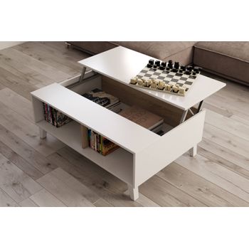 Mesa De Centro Con Tapa Elevable, Un Espacio De Almacenamiento Y Dos Nichos Externos, Blanco Brillante Y Roble Canadiense, Cm 100 X 68 X 38 (50 Con La Tapa).