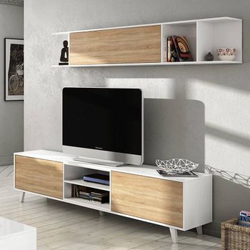 Mueble Para Tv De Salón, Blanco Brillante Y Roble, Medidas 180 X 51 X 41 Cm