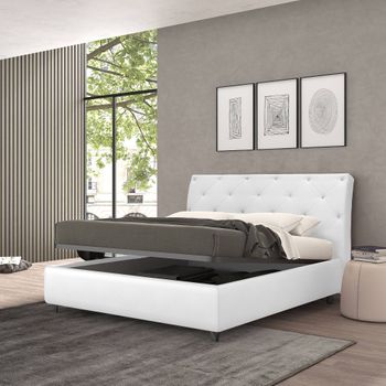 Cama Con Almacenaje Talamo Italia Strauss Cuadrado Y Medio, Made In Italy, Estructura Acolchada En Ecopiel, Apto Para Colchón De 120x190 Cm, Blanco