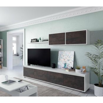 Mueble Tv De Salón Con Cuatro Puertas, Con Mueble Alto Y Balda, Marrón Oscuro Y Blanco Brillo, Medidas Mueble Tv 200 X 43 X 41 Cm Mueble Tv 105 X 35 X 29 Cm Balda 95 X 3 X 21 Cm