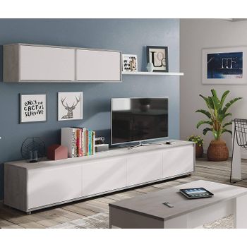 Mueble Tv Para Salón Con Cuatro Puertas, Con Mueble Alto Y Balda, Color Cemento Y Blanco Artik, Medidas Mueble Tv 200 X 43 X 41 Cm Mueble Tv 105 X 35 X 29 Cm Balda 95 X 3 X 21 Cm