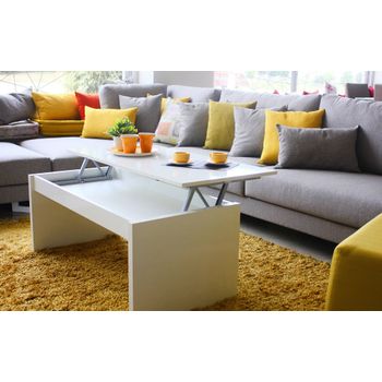 Mesa De Centro Con Tapa Elevable Y Espacio De Almacenamiento, Color Blanco Brillo, Medidas 102 X 43 X 50 Cm (altura Regulable De 43 A 54 Cm)