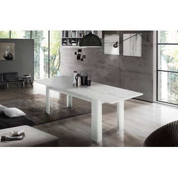 Mesa De Comedor Extensible, Made In Italy, Mesa Moderna Con Extensiones, Consola Extensible, 160 / 210x90h75 Cm, Alerce Blanco Brillante