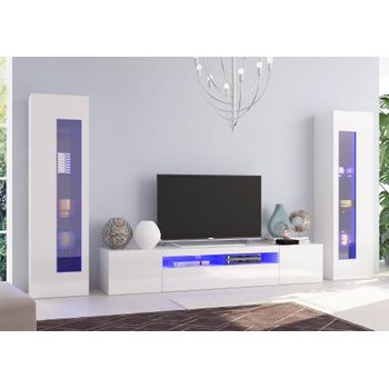 Sistema Modular De Pared Para Salón, Made In Italy, Mueble Para Tv Y Muebles Altos, Conjunto De Salón Moderno, 300x40h162 Cm, Color Blanco Brillante, Con Luz Led Azul