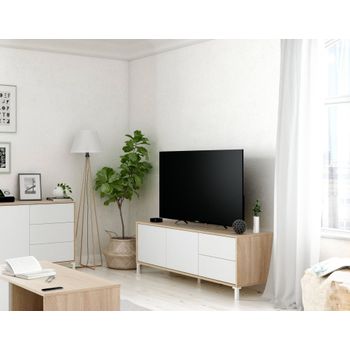 Mueble Tv Para Salón Compuesto Por Un Módulo Con Dos Puertas Y Dos Cajones, Color Roble Y Blanco, 130 X 47 X 41 Cm