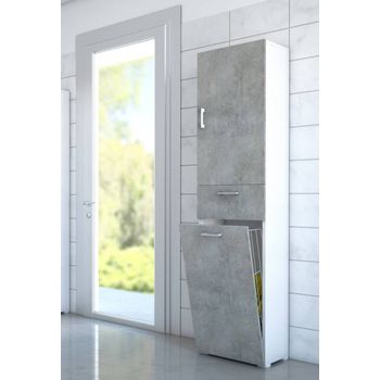 Mueble De Lavandería Con 1 Puerta, 100% Made In Italy, Mueble Con 1 Cesto De Ropa Y 1 Cajón, Columna De Baño Moderna, 45x32h195 Cm, Cemento Y Color Blanco