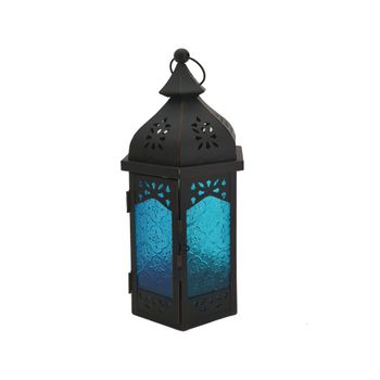 Ethnic Lantern Vidrio Metal Azul Negro Interno Externo 32x16x14 Rebecca Mobili