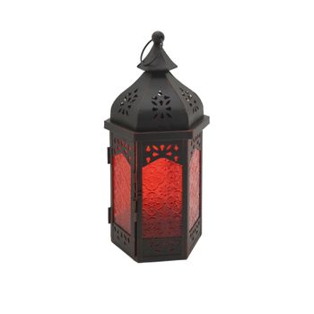 Portavela Linterna Metal Cristal Negro Rojo Salon 32x16x14 Rebecca Mobili