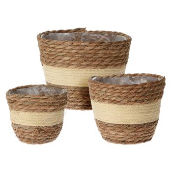 Rebecca Mobili Lote De 3 Cestas Para Plantas De Exterior De Totora Forradas Marrón Beige