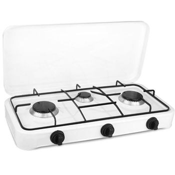 MPM KN-03/1KB Cocina Gas Portátil Camping, 3 Quemadores, Rejilla Esmaltada,  Tapa Protectora, Normativa G30-37 mbar Negro