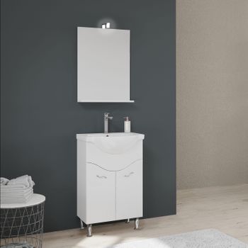 Mueble De Baño De Suelo De 56,5 Cm Con Lavabo Y Espejo Blanco.