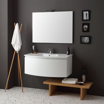 Mueble De Baño Curvo Colgante Cm102 Blanco Lavabo Y Espejo | Riva