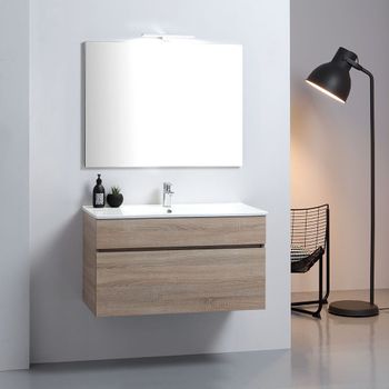 Mueble De Baño Suspendido De 90 Cm En Roble Natural Con Lavabo De La Serie Sole