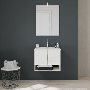 Móvil De Baño Suspendido De 60 Cm, 2 Puertas, Roble Gris Efecto Madera, Venezia