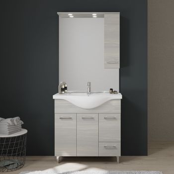 Mueble De Baño De Suelo De 85 Cm Con Puertas Y Cajón De Roble Gris Con Espejo Y Colgante.