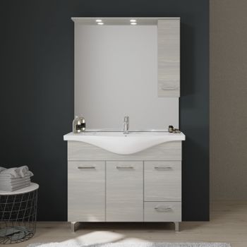 Mueble De Baño De Suelo De 105 Cm Con 3 Puertas, 1 Cajón Y Espejo Con Armario Colgante De La Serie Rimini