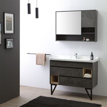 Mueble De Baño 100cm Gris Industrial Con Patas De Acero Y Espejo Contenedor | Viena