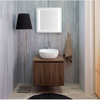 Mueble De Baño Suspendido Nogal 60cm Con 2 Puertas, Lavabo De Apoyo, Espejo Led | Siena