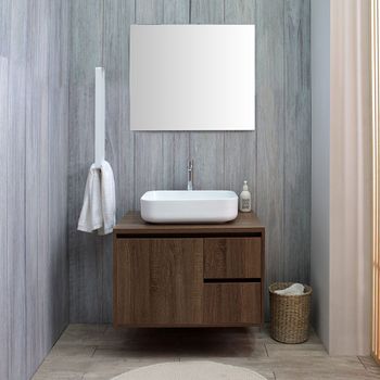 Mueble De Baño Suspendido De 75 Cm En Nogal Oscuro, Lavabo De Apoyo, Espejo De 70x80 | Siena